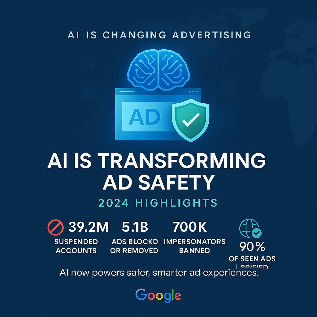 scarshdma's tweet image. 🚨 Google’s 2024 Ads Safety Report shows AI in action:
🔒 39M+ accounts suspended
🚫 5B+ ads blocked
✅ 90% of ads now from verified advertisers
AI is making ads safer, smarter, and more trustworthy. 💡🔐
#AIinAds #AdSafety #GoogleAds #DigitalTrust #MarketingTech #EarthDay