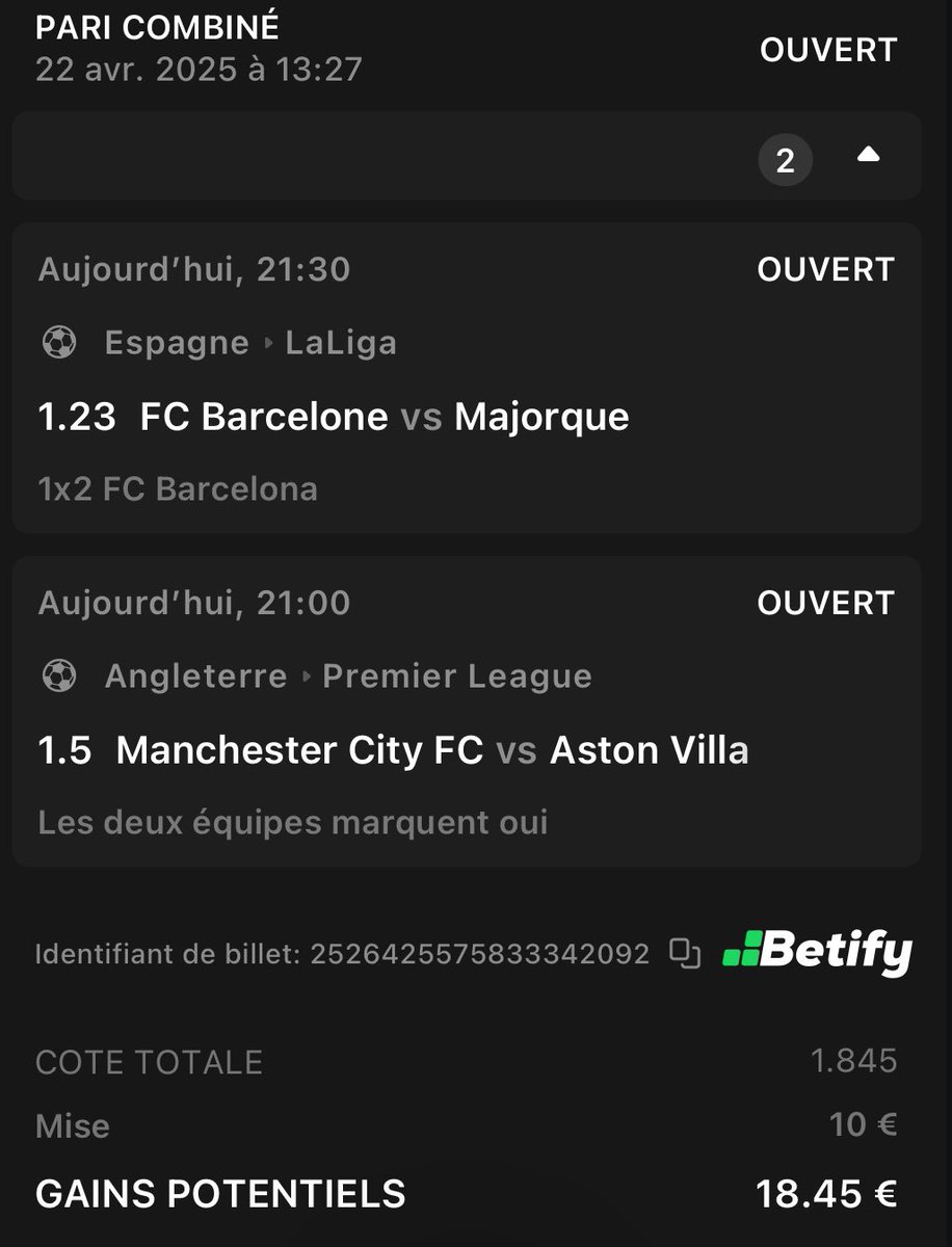 LeGauloisBets's tweet photo. ⚽️ COMBI SAFE FOOT
1️⃣ Barça gagne à domicile vs Majorque
2️⃣ Les 2 équipes marquent : Man City – Aston Villa
📊 Cote : 1.84 | 💶 Mise : 10€ → 18.45€
🔁 RT + ✅ Follow pour suivre les prochains
#LaCoteGauloise #PronosFoot #ParisSportifs #TeamParieur https://t.co/ne0AarW0BV