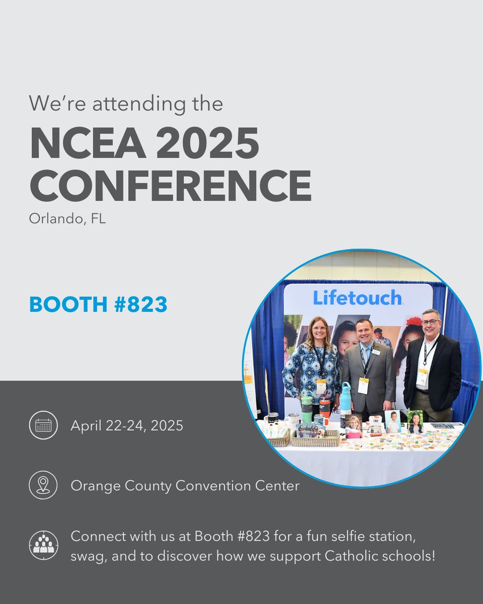 We’re thrilled to be a Corporate Partner &amp; Official Conference Photographer at #NCEA2025 in Orlando, FL! 🎉 Stop by booth #823 for swag, a selfie station, and to learn how we support Catholic schools. Can’t wait to see you there! 📸✨ 
#Lifetouch #CatholicSchools #SchoolPhotos