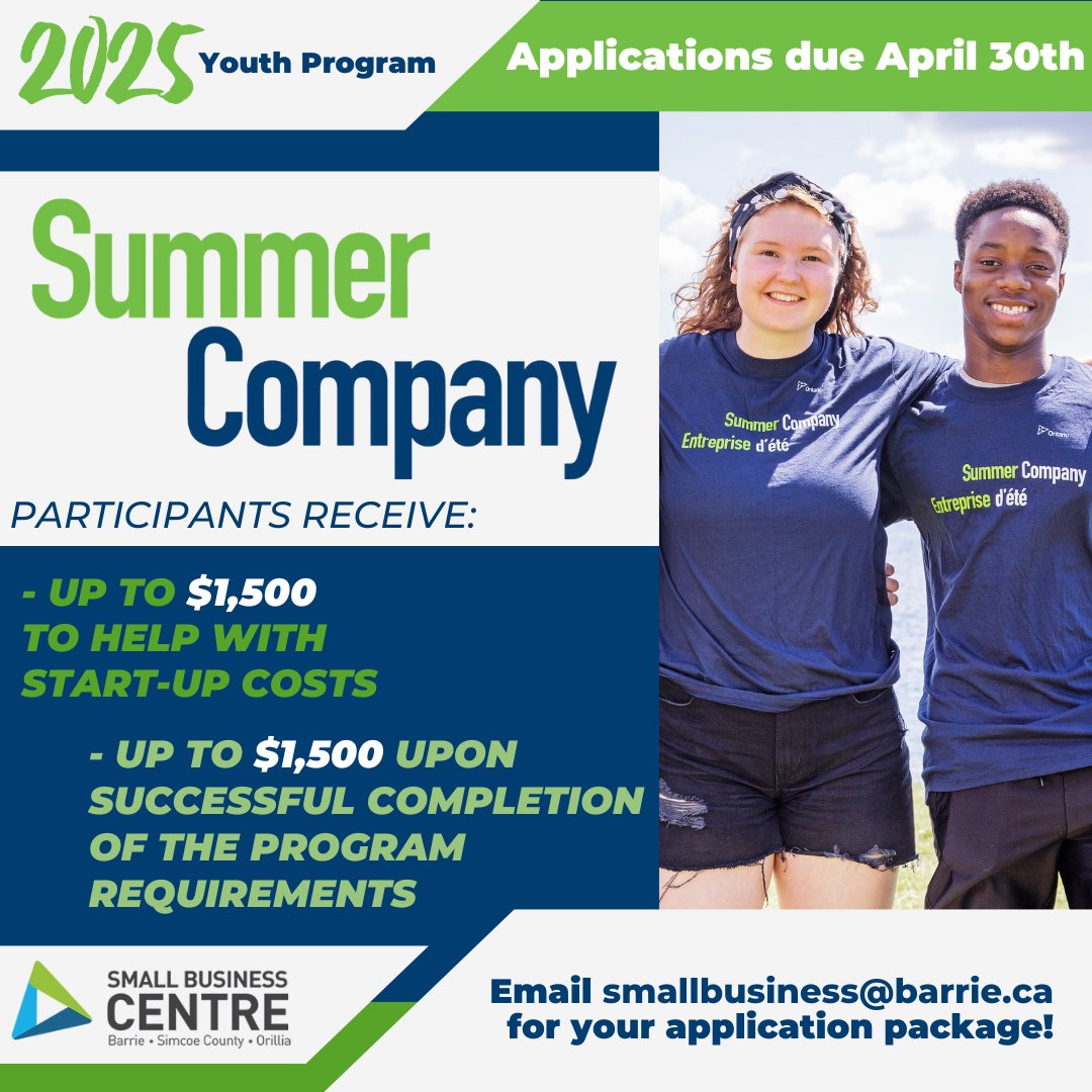Small Business Centre (@sbcbarrie) on Twitter photo Do you know an enterprising #youth looking to test the waters of #entrepreneurship?
Learning how to run a business is one of the best skill-building summer jobs a #student can have - email smallbusiness@barrie.ca for more #SummerCompany info: investbarrie.ca/SmallBusinessC… Do you know an enterprising #youth looking to test the waters of #entrepreneurship?
Learning how to run a business is one of the best skill-building summer jobs a #student can have - email smallbusiness@barrie.ca for more #SummerCompany info: investbarrie.ca/SmallBusinessC…