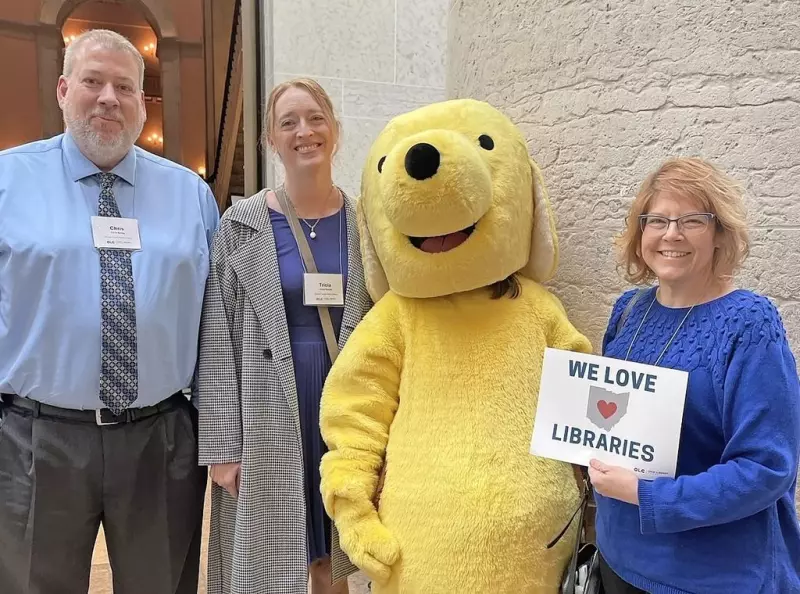 OhioLibraryCncl's tweet photo. Earlier this month, our members gathered at the Statehouse for #OhioLibraryDay. While we still have concerns with House Bill 96, we’re committed to working with the Ohio Senate as the state budget process moves forward. #RestoreThePLF https://t.co/7R0dR6wcPO https://t.co/pbBy2aFXpl