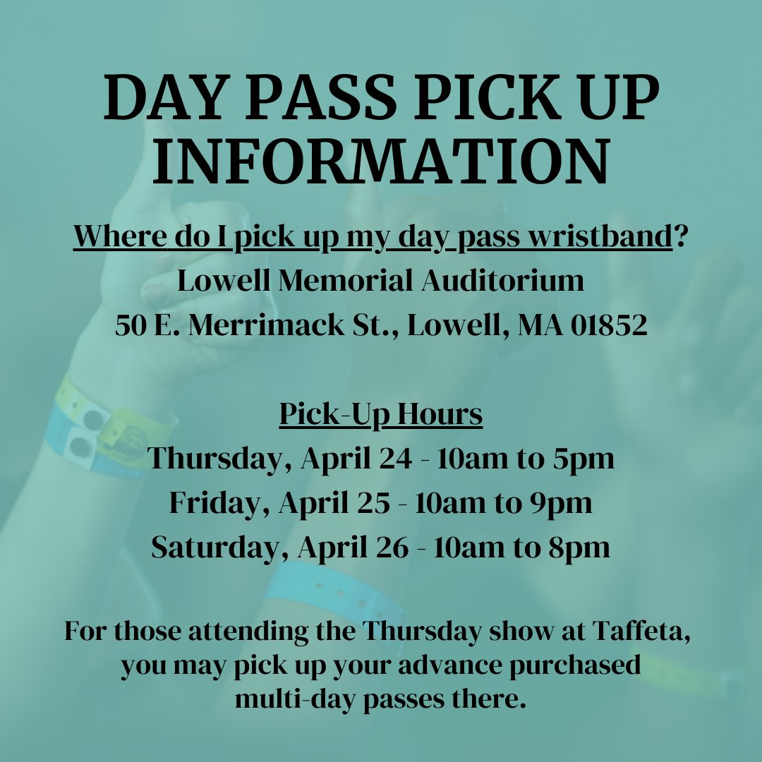 ~ It's officially the week of our 2025 festival ~

If you purchased a single-day or multi-day pass, please plan to pick up your wristband at Lowell Memorial Auditorium or at the Taffeta show this Thursday.

See you soon!