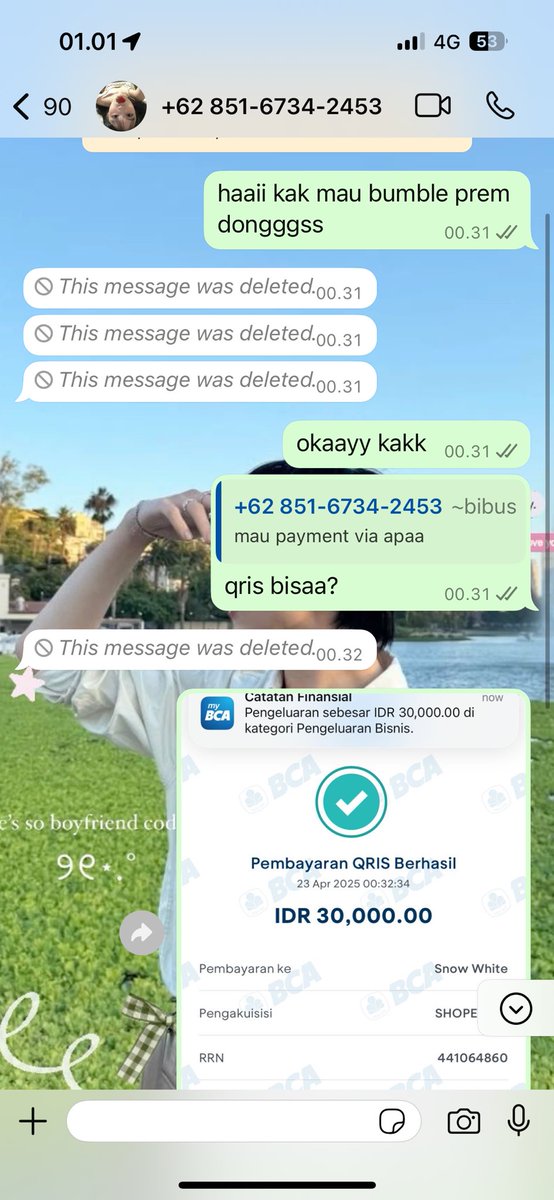 jisuungies's tweet photo. help rt yaa guys scammerr hati hatii semuanya twtnya ini @_urwifes 

no wanya +62 851‑6734‑2453
barusan aku kena tipuu bumble prem 

qrisnya ini DICATETTT YAA GAISSS 🙅🏻‍♀️🙅🏻‍♀️
JANGAN SAMPE KENA TIPU SAMA DIA

#zonauang #zonajajan #penipu #scammer https://t.co/cVyYbpVQ0g