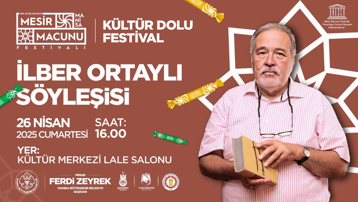 485. Mesir Macunu Festivali kapsamında Tarihçi ve Yazar İlber Ortaylı Manisa'lılar ile buluşacak. Tüm halkımız davetlidir...
#manisa #mesir #mesirmacunu #festival #söyleşi #ilberortaylı #tarih #kültür #sanat