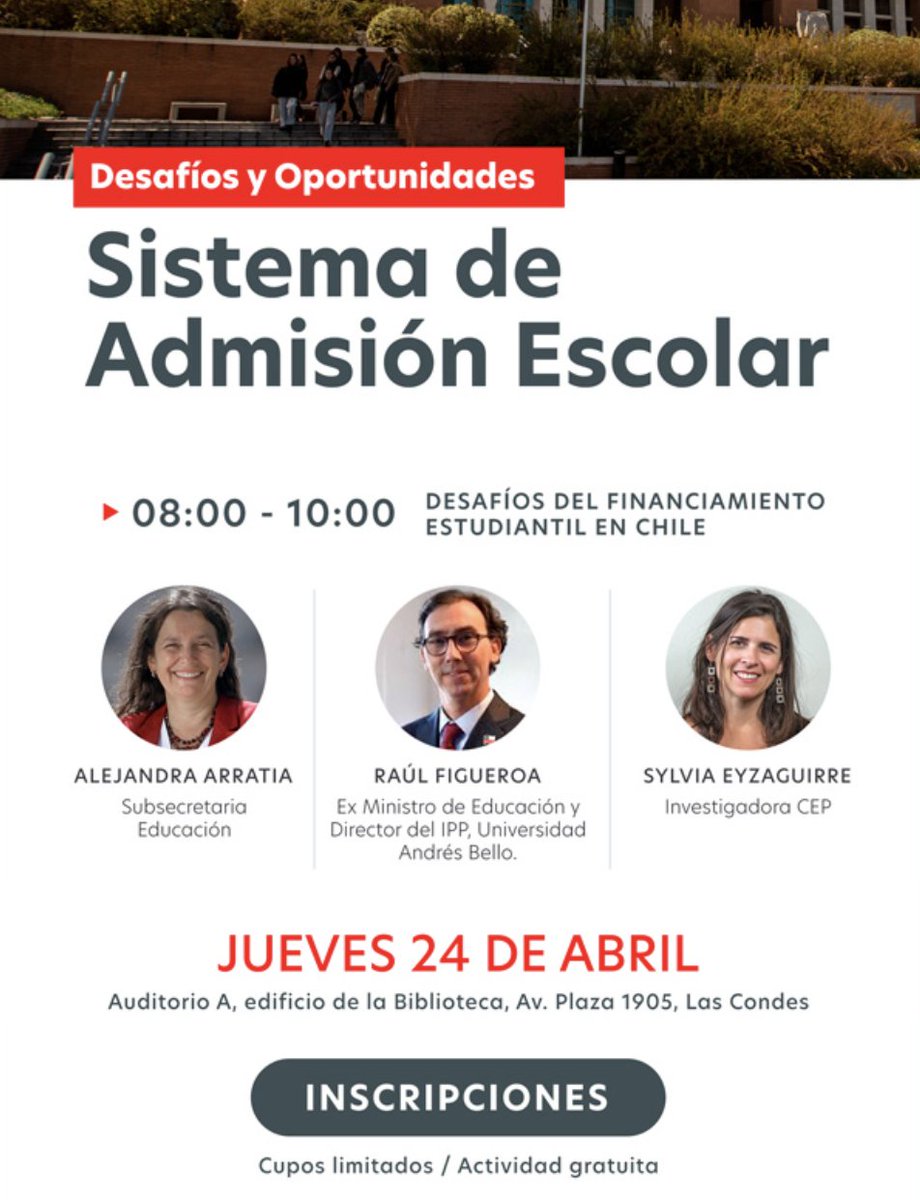 👀 Nuestra investigadora senior CEP, <a href="/SylviaEyzaguirr/">Sylvia Eyzaguirre</a>, participará este jueves 24 a las 08:00 AM en el seminario "Sistema de Admisión Escolar: Desafíos y Oportunidades", organizado por <a href="/hdl_uandes/">Human Development Lab</a> <a href="/uandes/">UANDES</a>.

&gt; Inscripciones aquí: ow.ly/K3os50VEOzR