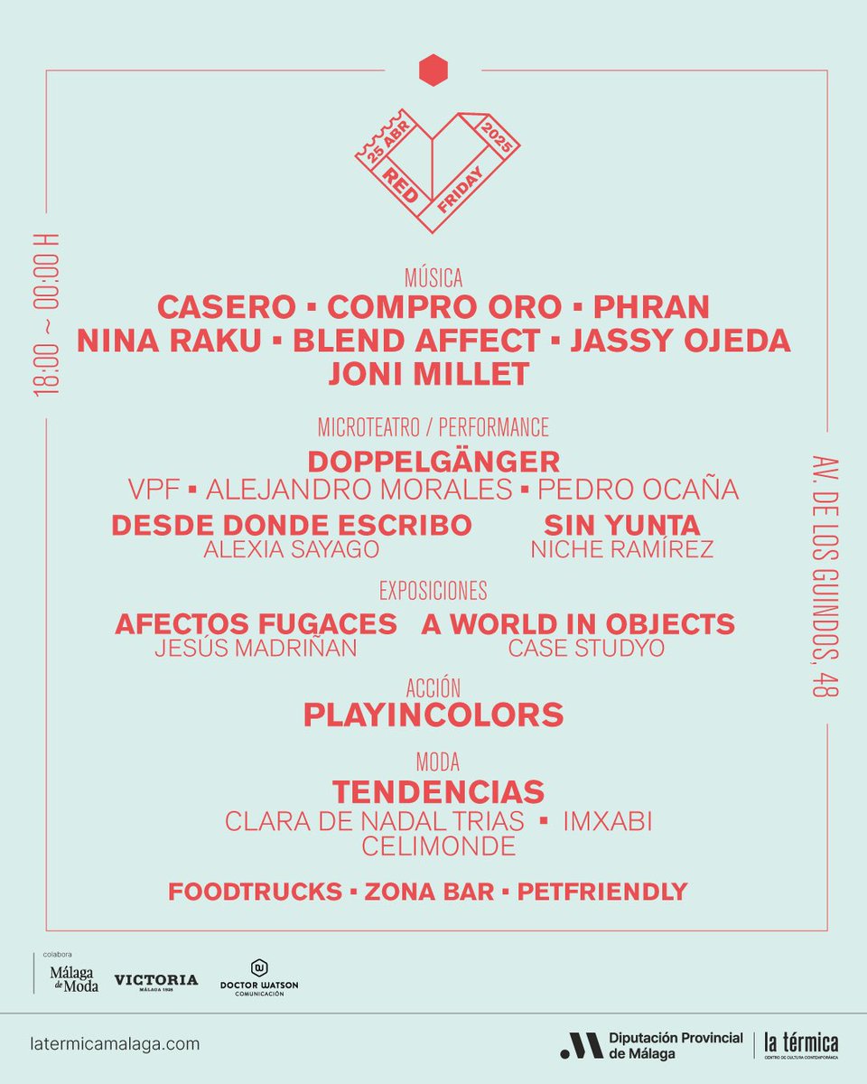 🔴 Este viernes celebramos el RED Friday.

Aunque la lluvia nos hizo aplazar el evento, no te preocupes. Te esperamos con una programación sin pausa:

🎟️Entradas gratuitas:
🔸 Online: 23 de abril a las 12h.
🔸 Físicas: 24 de abril de 11 a 18 en el hall.

🔍shorturl.at/Gc7Xl