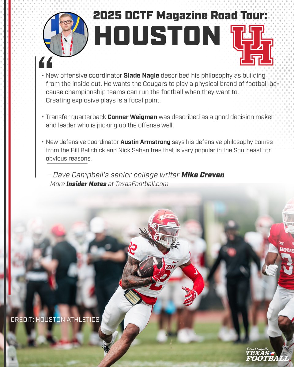 Dave Campbell's Texas Football — TexasFootball.com (@dctf) on Twitter photo 2025 MAGAZINE ROAD TRIP STOP: <a href="/UHCougarFB/">Houston Football</a>. 📍
<a href="/CravenMike/">Mike Craven</a> came away from his visit with <a href="/CoachWEFritz/">Coach Willie Fritz</a> & the Cougars with some tidbits, including philosophy updates on both sides of the ball.
#GoCoogs #CoogsHouse #Dctf #CollegeFootball
Insider scoop:
texasfootball.com/article/2025/0… 2025 MAGAZINE ROAD TRIP STOP: <a href="/UHCougarFB/">Houston Football</a>. 📍
<a href="/CravenMike/">Mike Craven</a> came away from his visit with <a href="/CoachWEFritz/">Coach Willie Fritz</a> & the Cougars with some tidbits, including philosophy updates on both sides of the ball.
#GoCoogs #CoogsHouse #Dctf #CollegeFootball
Insider scoop:
texasfootball.com/article/2025/0…