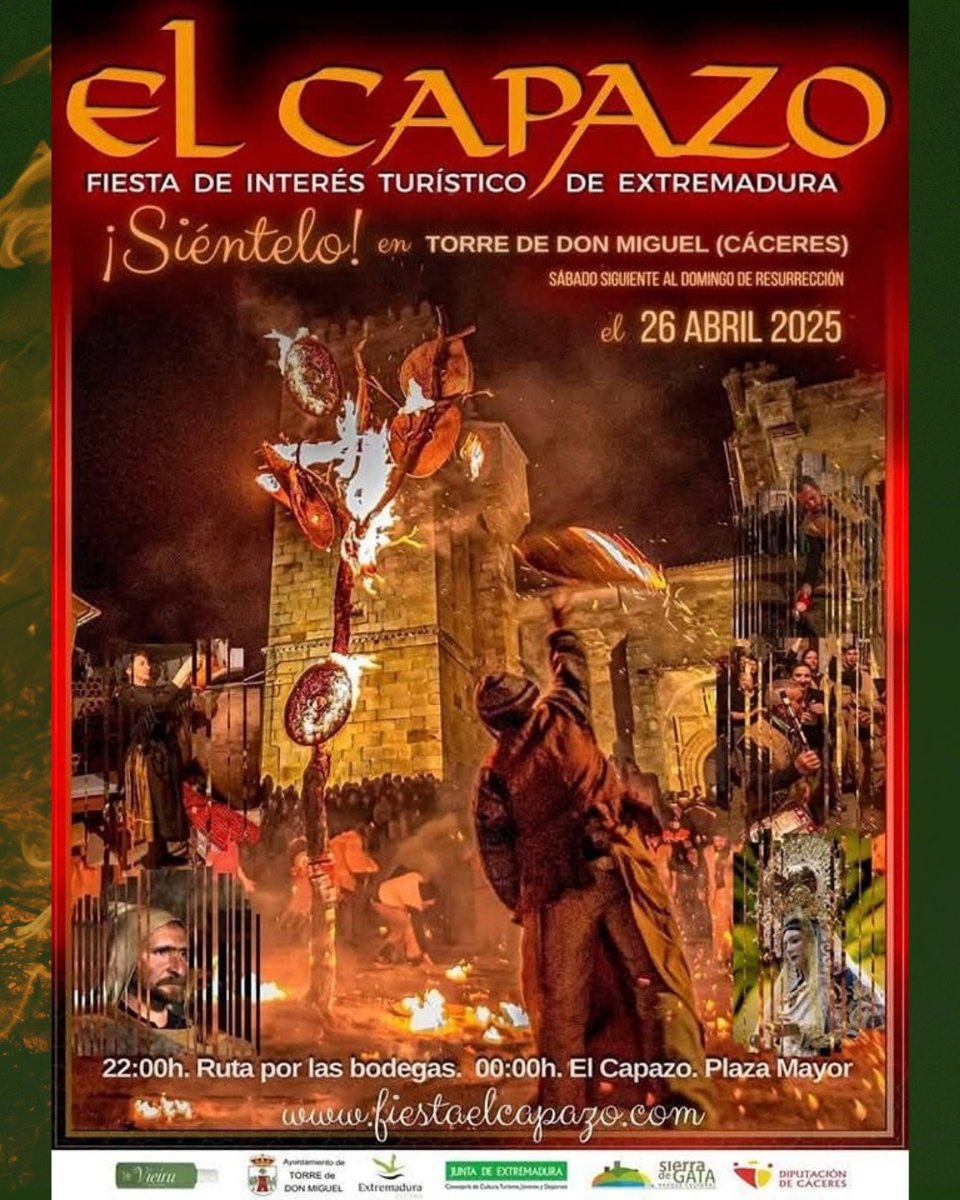 🔥 El Capazo 2025 – 📍Torre de Don Miguel

26 de abril
Fiesta de Interés Turístico de Extremadura

Una de las tradiciones más antiguas y singulares de la región vuelve a llenar las calles de Torre de Don Miguel de historia, rito y emoción.

#ElCapazo2025 #TorreDeDonMiguel