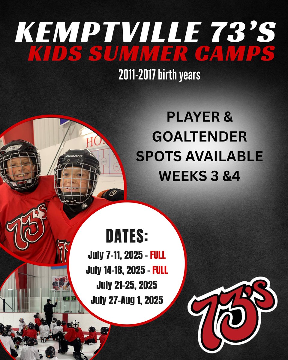 Only a few spots left in week 3 &amp; 4 of our kids summer camps! Weeks 1 &amp; 2 are SOLD OUT. Click the links below to register! 
Week 3: 73sweekthree.eventbrite.ca
Week 4: 73sweekfour.eventbrite.ca