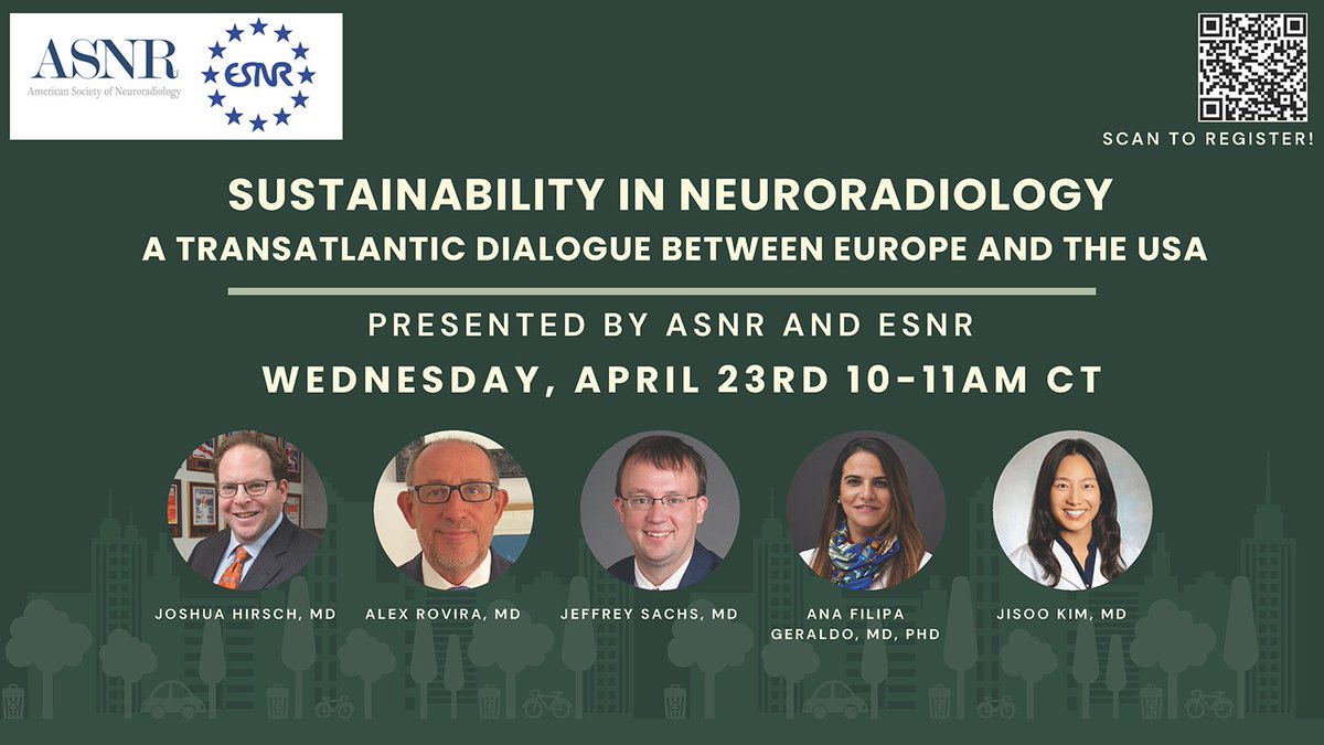 There's still time to register for our next free webinar on April 23. Join us at 10:00 am CT (note the time) for Sustainability in Neuroradiology: A Transatlantic Dialogue Between Europe and the USA (Presented by #ASNR and #ESNR). Get all of the details: ow.ly/GJ5L50VCrK5