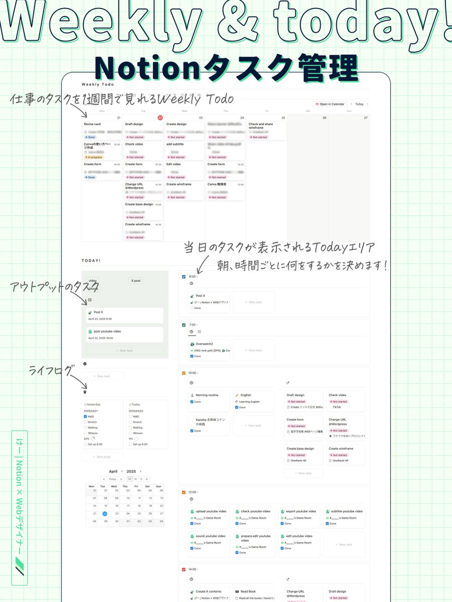 k_notion_d's tweet image. Notionでのタスク管理、こんな風に使ってます!
■1週間を見渡せるWeeklyビュー
■毎朝、自動で反映される今日のタスクビュー
朝はまずWeeklyで全体のバランスをチェック。
無理がないか見て、今日やることを微調整。
やる時間を決めたら、あとはクリアするだけ!…