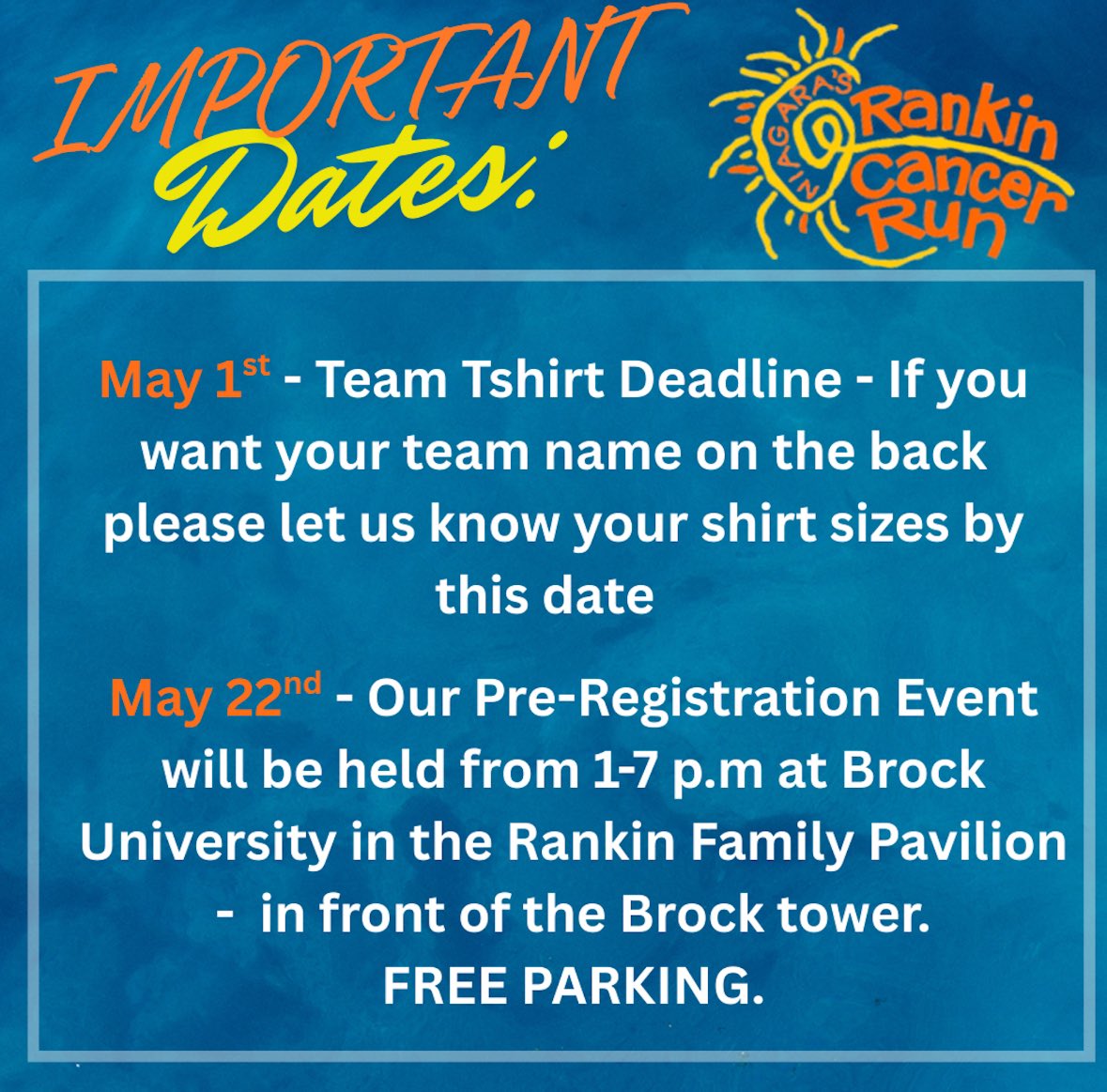Rankin Cancer Run (@rankincancerrun) on Twitter photo Don’t forget to save 2 important upcoming dates:
May 1st - deadline for team captains to submit your shirt orders if you want your team name on the back 
May 22 - preregistration from 1-7 pm at Brock in the Rankin Family Pavilion - connected to the tower with free parking Don’t forget to save 2 important upcoming dates:
May 1st - deadline for team captains to submit your shirt orders if you want your team name on the back 
May 22 - preregistration from 1-7 pm at Brock in the Rankin Family Pavilion - connected to the tower with free parking