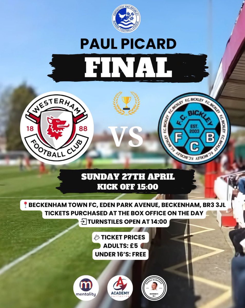 Westerham Sundays FC (@westerhamsfc) on Twitter photo The double is on!
This Sunday we take on <a href="/FcBickley/">FC Bickley</a> in the Paul Picard cup final.
UTW 🐺 The double is on!
This Sunday we take on <a href="/FcBickley/">FC Bickley</a> in the Paul Picard cup final.
UTW 🐺
