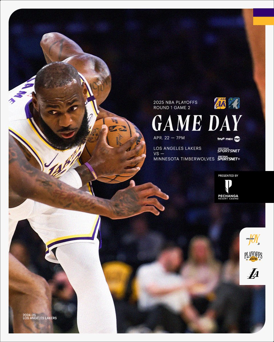 Los Angeles Lakers (@lakers) on Twitter photo Lakers. Timberwolves. Game 2.
🕖: 7:00 PM PT
📺: <a href="/SpectrumSN/">Spectrum SportsNet</a>, TNT, TRUTV, MAX
📱: Spectrum SportsNet+
📻: ESPN LA 710/1330 KWKW
Presented by <a href="/PechangaCasino/">Pechanga Resort Casino</a> Lakers. Timberwolves. Game 2.
🕖: 7:00 PM PT
📺: <a href="/SpectrumSN/">Spectrum SportsNet</a>, TNT, TRUTV, MAX
📱: Spectrum SportsNet+
📻: ESPN LA 710/1330 KWKW
Presented by <a href="/PechangaCasino/">Pechanga Resort Casino</a>