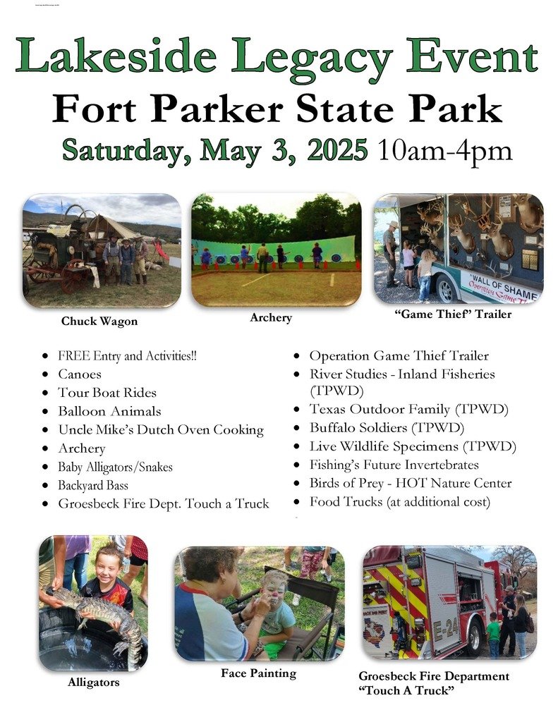Take your family to Fort Parker on May 3rd from 10 AM- 4PM for the Lakeside Legacy Event! See the flyer to learn more about the event!