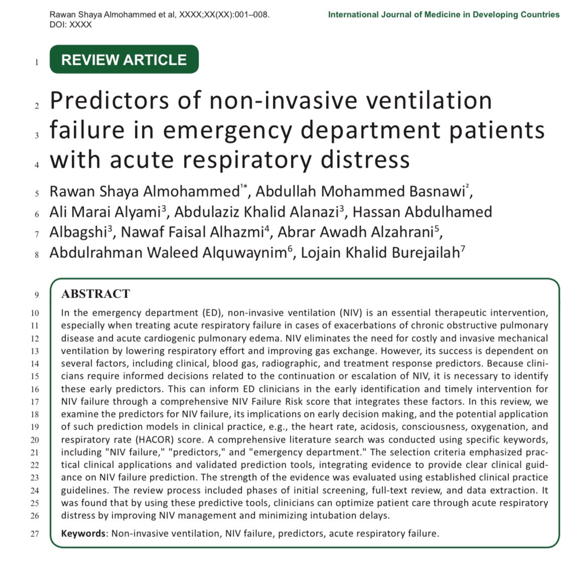 يسرني ان اعلن عن نشر بحثنا بعنوان : 

“Predictors of non-invasive ventilation failure in emergency department patients with acute respiratory distress”

أشكر كل من ساهم في هذا البحث، ونتطلع للمزيد من الانجازات ✨.

رابط الورقة العلمية للمهتمين بالاطلاع عليها 👇🏻.