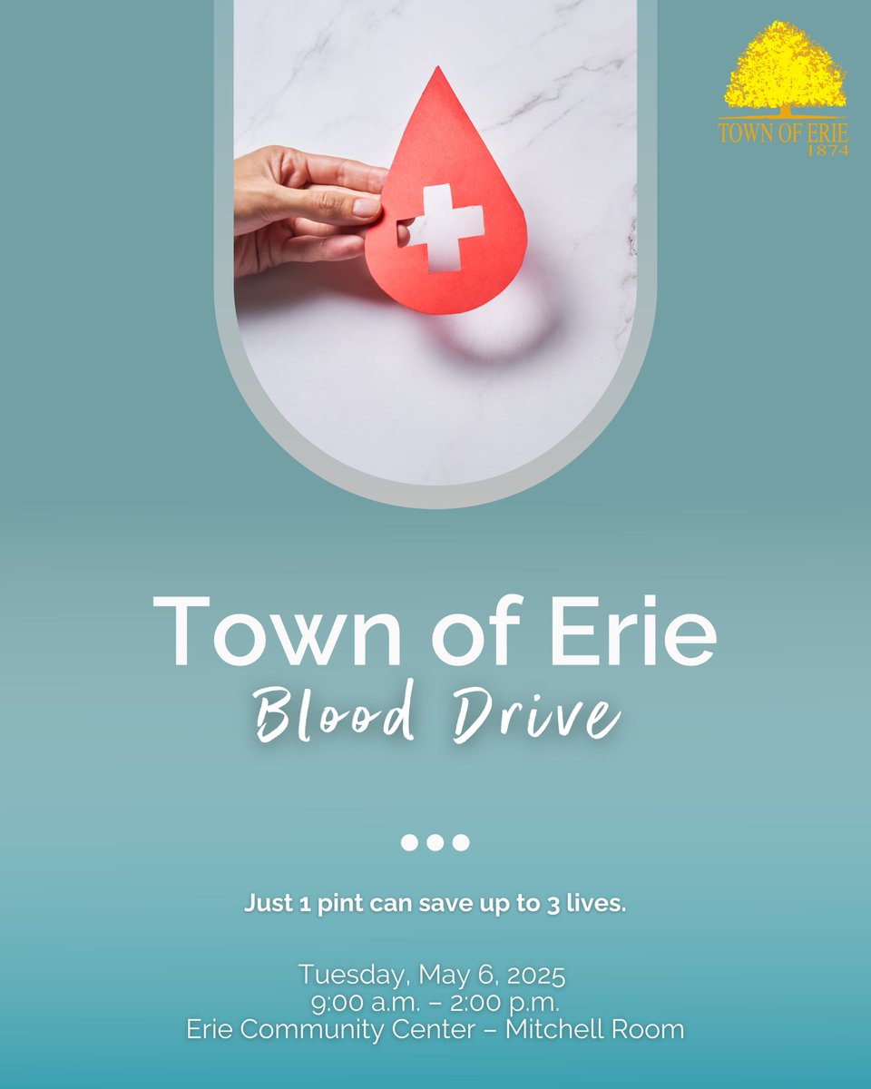 Join us for a community blood drive on May 6 at the Erie Community Center! Sign up to donate here: redcrossblood.org/give.html/driv…