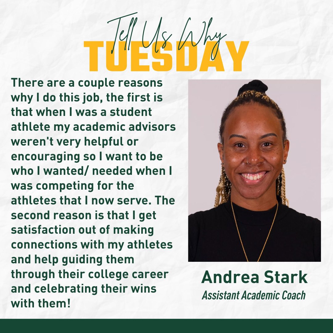 Meet Andrea Stark, Assistant Academic Coach, sharing her passion for guiding student-athletes. 💚 ‘I strive to be the support I once needed, helping my athletes excel and celebrating their wins along the way!’
#TellUsWhyTuesday #StudentAthleteSupport