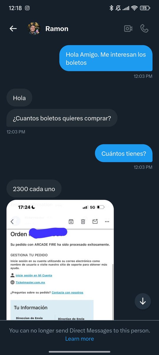 Gigio's tweet photo. No sendejen estafar por @Rammy_guz1 que dice que te vende boletos de Arcade Fire. Ya que le haces la transferencia te bloquea y obviamente no te devuelve el dinero. https://t.co/TxGtTuDO46