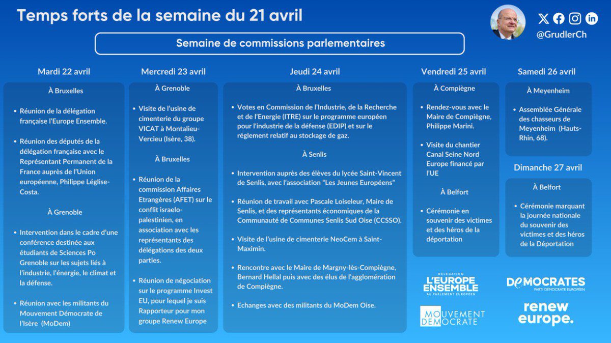Retrouvez mon agenda de la semaine:
🇫🇷🇪🇺 Rencontre avec le <a href="/RPFranceUE/">La France dans l’UE 🇫🇷🇪🇺</a> P. Léglise-Costa
💬 Échanges avec des élus de l’Oise
🏭 Visite des usines de cimenterie <a href="/GroupeVicat/">Groupe Vicat</a> et NeoCem
⛴️Visite du chantier Canal Seine Nord Europe
🗳️Vote <a href="/EP_Industry/">ITRE Committee Press</a> sur le programme de défense #EDIP