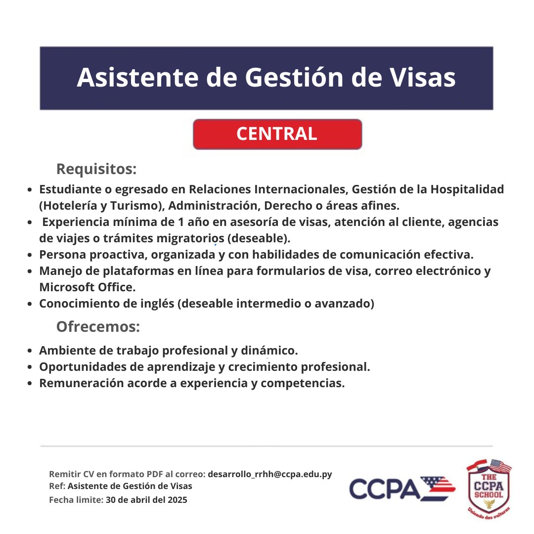 CCPA - Centro Cultural Paraguayo Americano - (@ccpa_paraguay) on Twitter photo ✈️ ¡Buscamos Asistente de Gestión de Visas! 🇺🇸🇵🇾
📩 Enviá tu CV a desarrollo_rrhh@ccpa.edu.py.
¡Sumate a nuestro equipo!
#Empleo #AsistenteDeVisas #OportunidadLaboral #RRHH #TrabajoYa ✈️ ¡Buscamos Asistente de Gestión de Visas! 🇺🇸🇵🇾
📩 Enviá tu CV a desarrollo_rrhh@ccpa.edu.py.
¡Sumate a nuestro equipo!
#Empleo #AsistenteDeVisas #OportunidadLaboral #RRHH #TrabajoYa