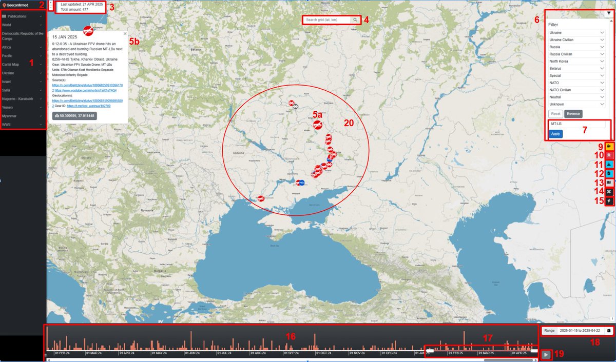 GeoConfirmed's tweet image. GeoConfirmed Update.
We are excited to announce that we changed/enhanced our User Interface.
These improvements are designed to offer you even greater possibilities for enhanced investigations and data interpretation 👇
1. Select the area or country you are interested in.…