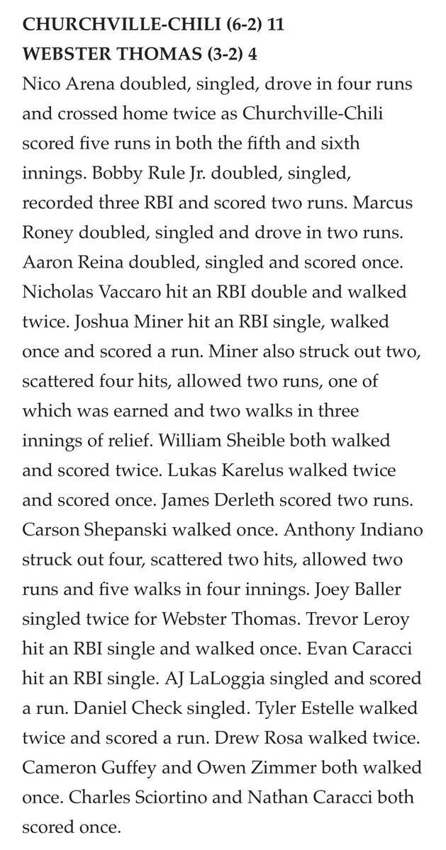 C-C Saints Baseball (@cccsdbaseball) on Twitter photo Recap of last night’s 11-4 W!
Nico Arena 2-3 2R 4RBI
Aaron Reina 2-4 1R
Marcus Roney <a href="/marcus_roney_7/">Marcus Roney</a> 2-4 2RBI
Bobby Rule Jr. <a href="/BobbyRule27/">Bobby Rule</a> 2-4 2R 3RBI
Anthony Indiano <a href="/AnthonyIndiano/">Anthony Indiano</a> 4IP 2ER 4K
Josh Miner 3IP 1R 2K/2-3 1R 1RBI
<a href="/CCCSDathletics/">CCCSD Athletics</a>
<a href="/PickinSplinters/">Paul Gotham</a>
<a href="/PrimetimeBall_/">Primetime585⭕️</a> Recap of last night’s 11-4 W!
Nico Arena 2-3 2R 4RBI
Aaron Reina 2-4 1R
Marcus Roney <a href="/marcus_roney_7/">Marcus Roney</a> 2-4 2RBI
Bobby Rule Jr. <a href="/BobbyRule27/">Bobby Rule</a> 2-4 2R 3RBI
Anthony Indiano <a href="/AnthonyIndiano/">Anthony Indiano</a> 4IP 2ER 4K
Josh Miner 3IP 1R 2K/2-3 1R 1RBI
<a href="/CCCSDathletics/">CCCSD Athletics</a>
<a href="/PickinSplinters/">Paul Gotham</a>
<a href="/PrimetimeBall_/">Primetime585⭕️</a>