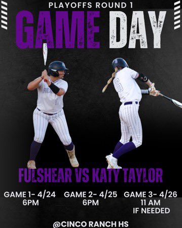 It’s Playoff Time! 💜🥎🖤  
Bi-District: Fulshear v. Katy Taylor
Come support your Lady Chargers @ Cinco Ranch. 
Thursday @ 6 pm 
Friday @ 6 pm 
Saturday (if needed) @ 11 am