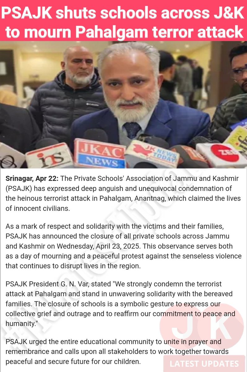 >> PSAJK Shuts Schools across J&amp;K to mourn #Pahalgam terror Attack. #JkLatestUpdates

<a href="/diprjk/">Information & PR, J&K</a> <a href="/var_gn/">Var</a> <a href="/psajk2020/">Private Schools' Association J&K</a> <a href="/sakinaitoo/">Sakina Itoo</a> <a href="/SchoolEdujkut/">School Education Department J&K</a> <a href="/JKSamagra/">Samagra Shiksha, J&K</a> <a href="/rjnasirkashmir/">RJ Nasir</a> <a href="/RJSameenKhan/">RJ Sameen</a> <a href="/mehakzubair1/">Mirchi Mehak</a> <a href="/Mirchi_Rafia/">Rj Rafia</a> <a href="/rjrafiqofficial/">Rj Rafiq 📻</a> <a href="/SchoolsJammu/">Directorate of School Education Jammu</a> <a href="/CM_JnK/">Office of Chief Minister, J&K</a> @JKgrievance