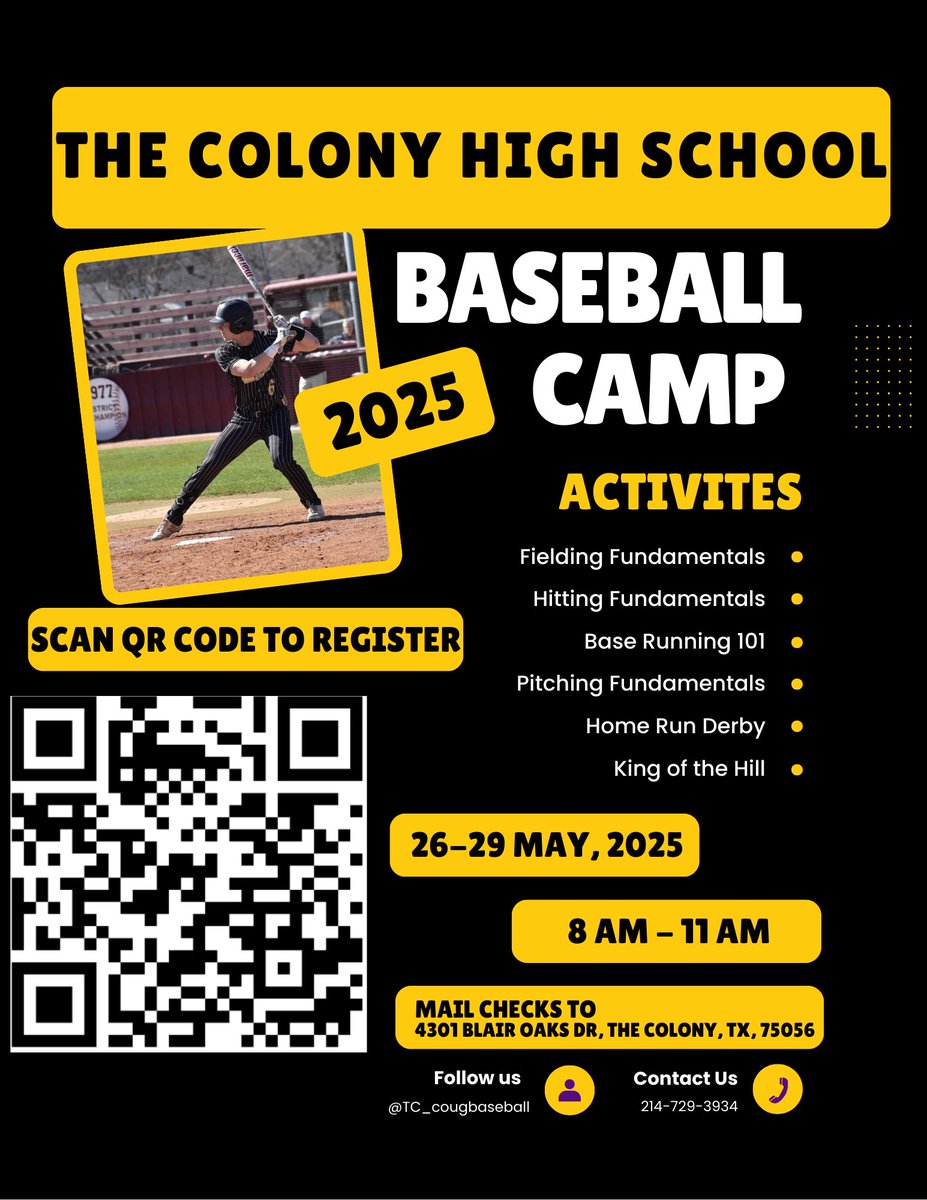 The Colony Cougar Baseball (@tc_cougbaseball) on Twitter photo Come see us for our 2025 Baseball Camp at The Colony High School. <a href="/Griffin_MS/">Griffin MS</a> <a href="/LakeviewMS/">Lakeview MS</a> <a href="/Camey_ES/">Camey Elementary</a> <a href="/BBOwenES/">BB Owen Elementary</a> <a href="/MorningsideES/">Morningside ES</a> <a href="/PetersColonyES/">Peters Colony ES</a> <a href="/EthridgeES/">Ethridge Elementary</a> Come see us for our 2025 Baseball Camp at The Colony High School. <a href="/Griffin_MS/">Griffin MS</a> <a href="/LakeviewMS/">Lakeview MS</a> <a href="/Camey_ES/">Camey Elementary</a> <a href="/BBOwenES/">BB Owen Elementary</a> <a href="/MorningsideES/">Morningside ES</a> <a href="/PetersColonyES/">Peters Colony ES</a> <a href="/EthridgeES/">Ethridge Elementary</a>