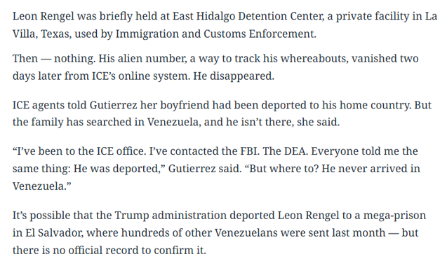 NEW: A SECOND story was released today of a Venezuelan man disappeared by the Trump admin. Neiyerver Leon is a barber who entered legally seeking asylum in June 2023. ICE arrested him on March 13 and accused him of being in TdA.

Days later, he vanished off the face of the earth.
