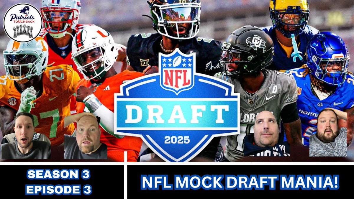 PatsTouchback's tweet image. 🎙️ LIVE TONIGHT!
On tonight’s show the lads will be sharing their 7-round Patriots mock drafts ahead of Thursday’s #NFLDraft
📺 Join us tonight over on our YouTube channel - youtube.com/live/79LiU2UQe…
🇬🇧 9pm
🇺🇸 4pm ET, 1pm PT
#PatsNation #NEPats #ForeverNE