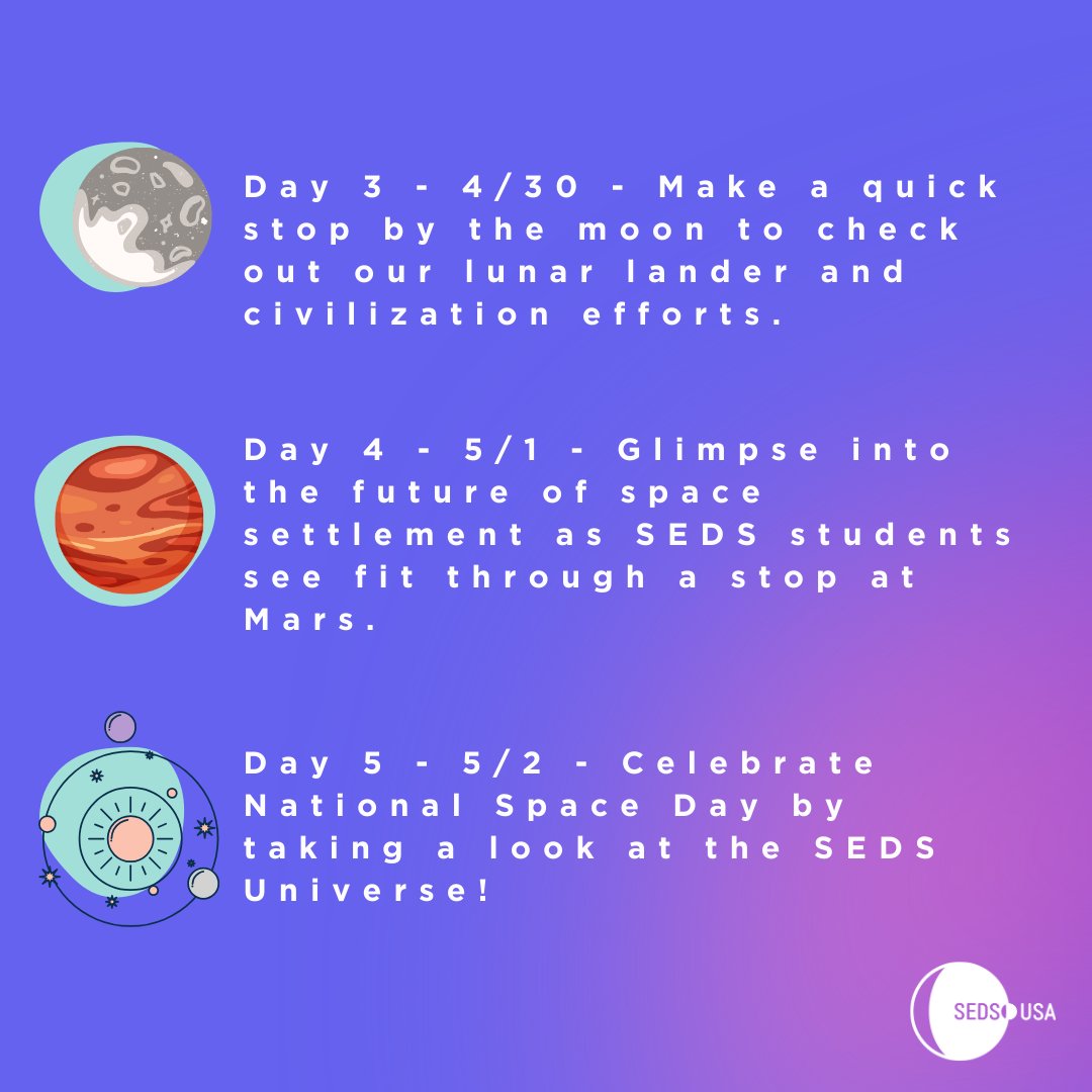 🐰Spring Has Sprung! 

Help us launch our students into another year of cosmic opportunity. Tune in from April 28th-May 2nd to celebrate Nation Space Day and hear from our shining stars that are turning budding ideas into blooming results.