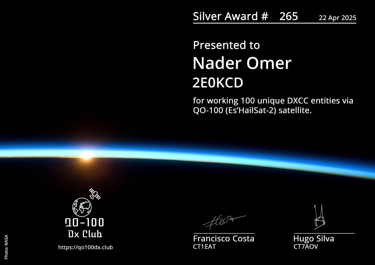 Today, I achieved the 100 DXCC award on QO-100-for the second time! I believe I’m the first to earn the Silver Award from two different DXCC entities—first  from Africa, now from the UK, all thanks and a huge  shoutout to the amazing #Amsat satellite community TU &amp;73s #QO100