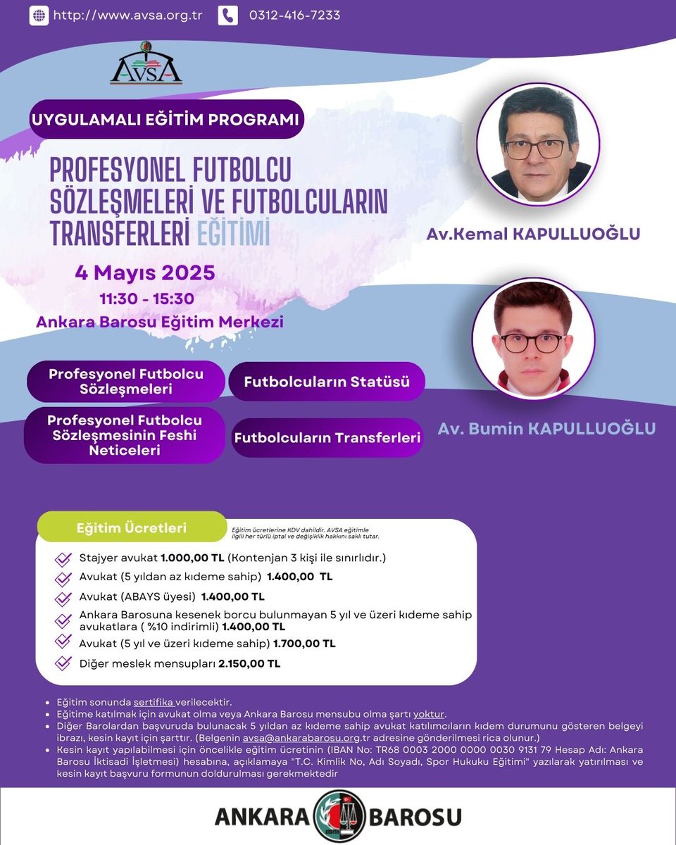 AVSA’dan Profesyonel Futbolcu Sözleşmeleri ve Futbolcuların Transferleri Eğitimi
📅 4 Mayıs 2025 | 11:30 – 15:30
📍 Ankara Barosu Eğitim Merkezi
Kayıt için:ankarabarosu.org.tr/duyuru/352e2fa…
<a href="/ankarabarosu/">Ankara Barosu</a> <a href="/muskoroglu/">Av. Mustafa Köroğlu</a> <a href="/basaksonmez/">başak</a>