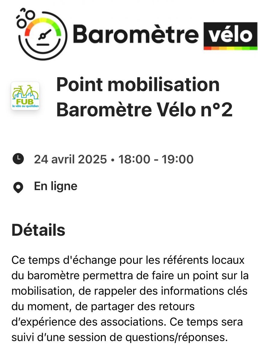 L'équipe #BaromètreVélo de la FUB vous donne rendez-vous pour son deuxième point d'étape de campagne. 

➡️ Où en sommes nous dans la mobilisation ? Quels succès à partager, quelles opportunités sont devant nous et comment s'entraider pour surmonter les obstacles ?