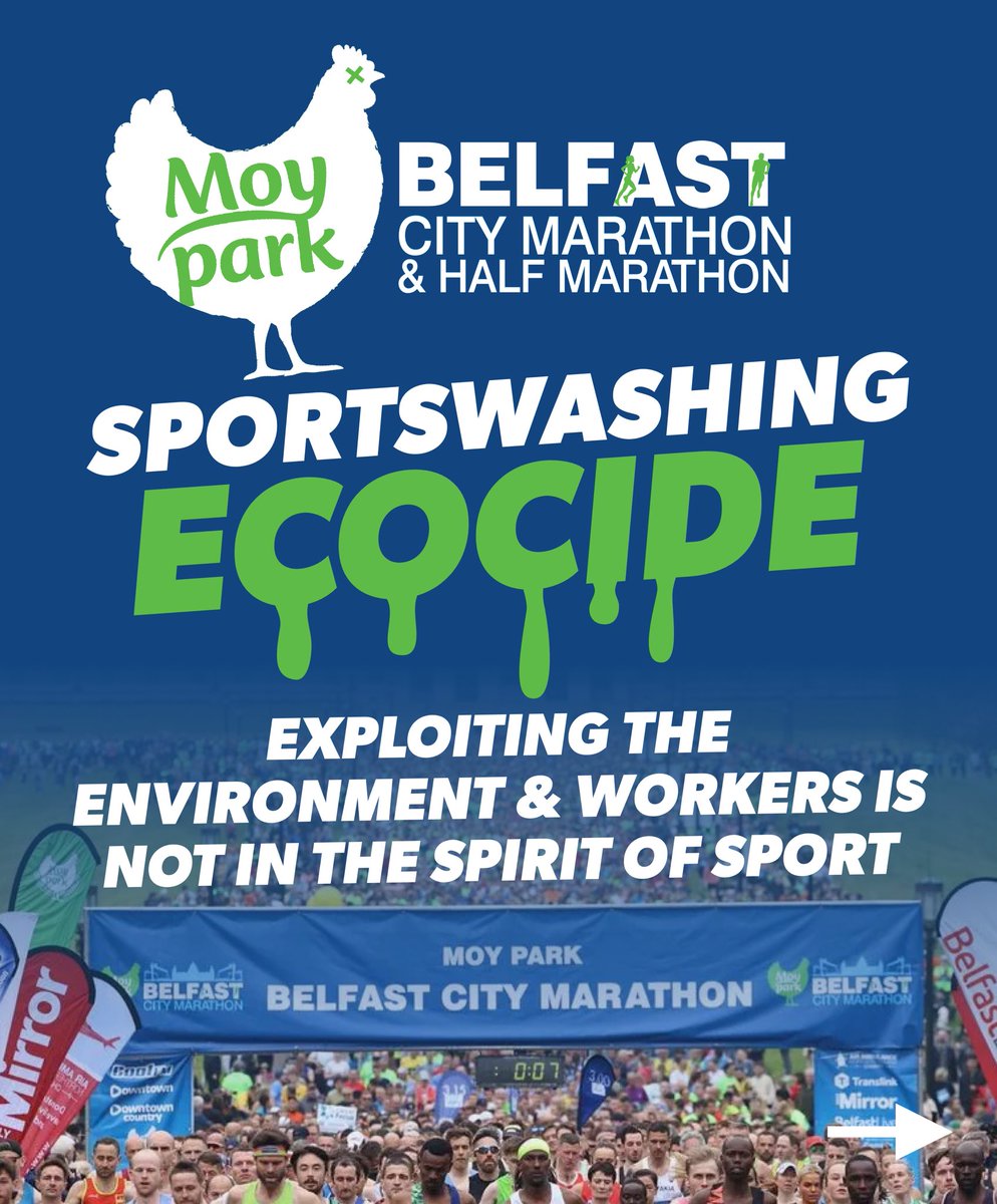 This Earth Day - Stand up against the Sportswashing of Ecocide!

Moy Park is the most valuable company in the north, despite being mired with eco scandals. Pollution from major polluters like them have led to the growth of toxic Algae in Lough Neagh,

#BelfastMarathon