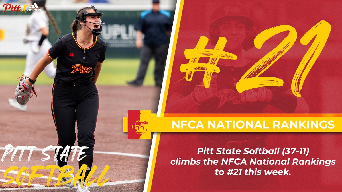 Pitt State Athletics 🦍 (@pittstgorillas) on Twitter photo Gorillas are on the move.
Pitt State Softball moves up three spots to #21 in this week's NFCA Division II National Poll 🦍🥎
PSU travels to face Missouri Southern Saturday.
<a href="/Gorilla_SFB/">Pitt State Softball 🥎</a>|<a href="/pittstate/">Pittsburg State</a> Gorillas are on the move.
Pitt State Softball moves up three spots to #21 in this week's NFCA Division II National Poll 🦍🥎
PSU travels to face Missouri Southern Saturday.
<a href="/Gorilla_SFB/">Pitt State Softball 🥎</a>|<a href="/pittstate/">Pittsburg State</a>