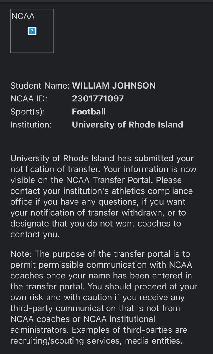 Will_Johnson05's tweet photo. After much consideration I have decided to enter the transfer portal with two years of eligibility and a potential redshirt. I would like to thank The University Of Rhode Island and the coaches for the opportunity the past two years. 
-K/P/KO https://t.co/yqbeuyC07B