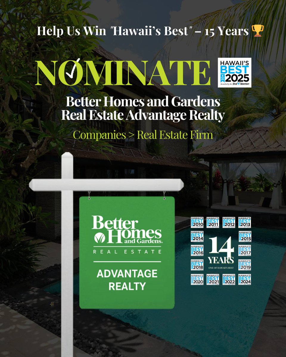 🏡 We’ve been voted Hawaii’s Best Real Estate Firm for 14 years and we’re aiming for 15. Nominations for Hawaii’s Best 2025 end today — we’d be so grateful for your support!
👉 Nominate BHGRE Advantage Realty at staradvertiser.com/hawaiisbest2025
#HawaiisBest #BHGRE #betterhawaii