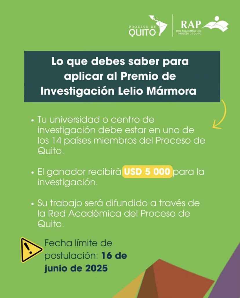 Proceso de Quito (@procesoq) on Twitter photo ¿Todavía no postulaste al Premio de Investigación Lelio Mármora?
Tienes hasta el 16 de junio para aplicar.
👉🏽 Bases y requisitos: bit.ly/4j5beQc
📧 Para consultas: st@procesodequito.org
#RedAcadémica ¿Todavía no postulaste al Premio de Investigación Lelio Mármora?
Tienes hasta el 16 de junio para aplicar.
👉🏽 Bases y requisitos: bit.ly/4j5beQc
📧 Para consultas: st@procesodequito.org
#RedAcadémica