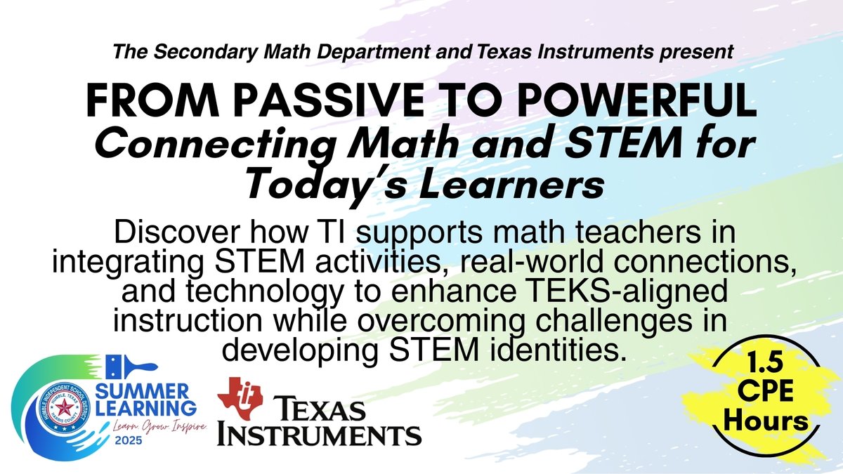 🌟 Secondary Math teachers, the Summer PL countdown continues! Next up—From Passive to Powerful ✨
Discover how Texas Instruments supports you in integrating STEM, real-world connections &amp; tech to enhance TEKS-aligned instruction and build strong STEM identities.