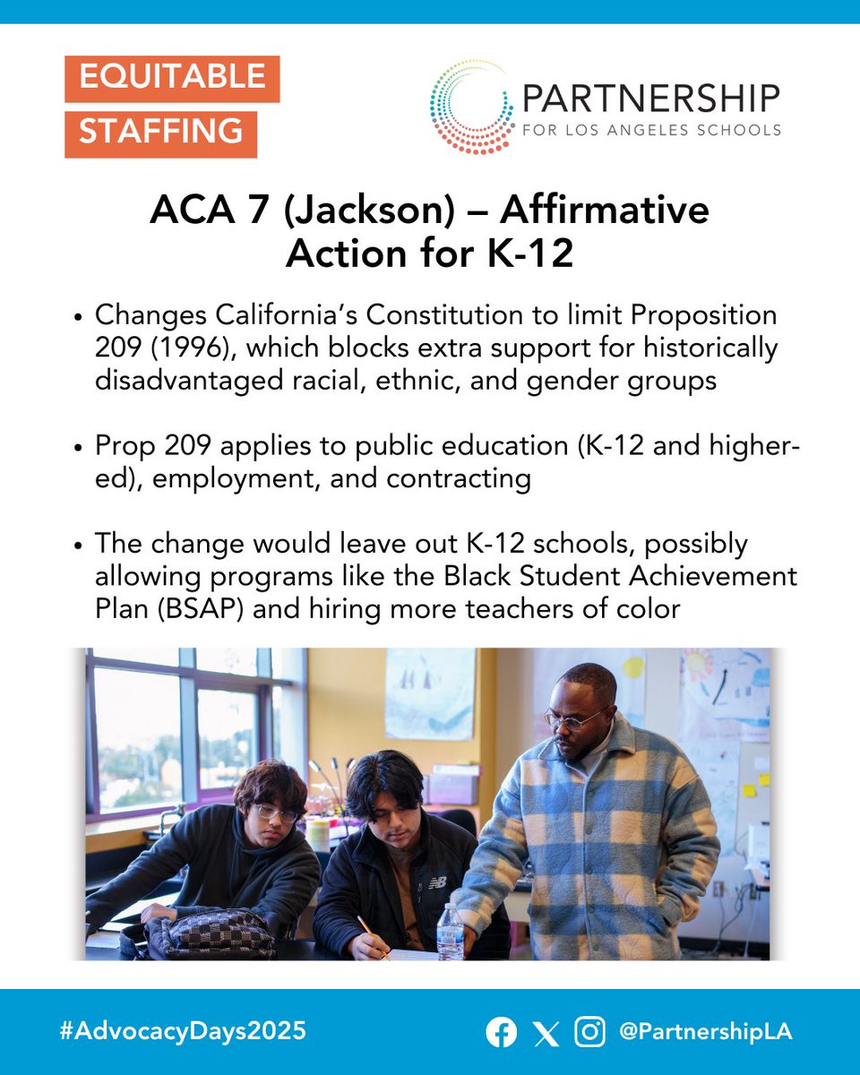 Let’s advocate for equity in K-12 schools! ACA 7 looks to remove parts of Prop 209, possibly supporting programs like the Black Student Achievement Plan (BSAP) and increasing the hiring of teachers of color.

#PartnershipLA #AdvocacyDays2025