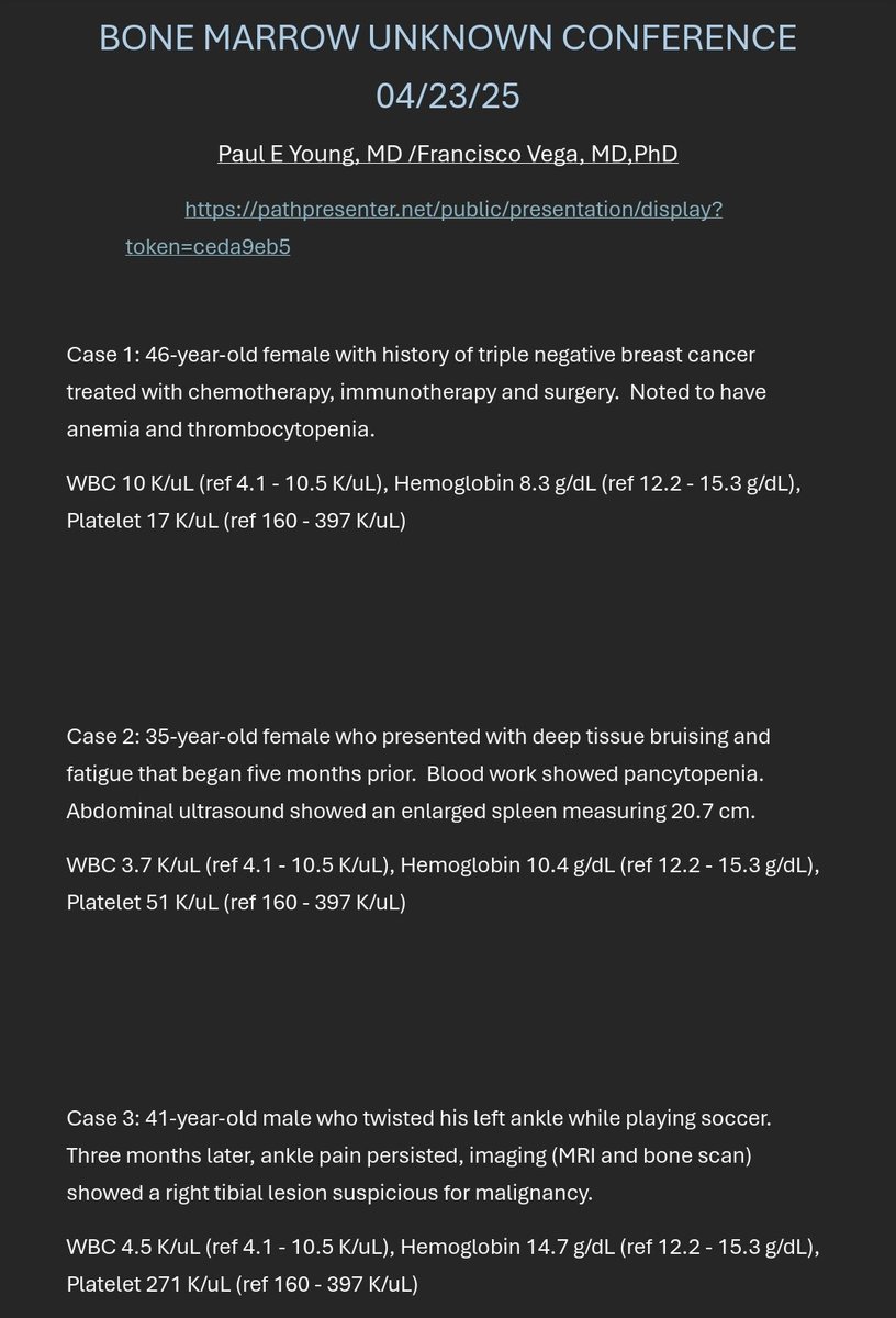 Please join our Bone Marrow Unknown Conference with Dr Vega  tomorrow 04/23/25 @9.15 am CST
Slides here: pathpresenter.net/public/present…

mdacc.zoom.us/j/83345474773?…