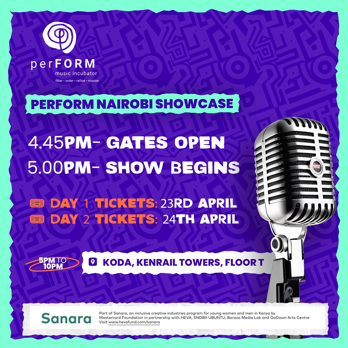 Form ni perFORM! Linking up with us tomorrow for 2 nights of live music?   Double-check your ticket for the right dates 🎟 Day 1 = Wed 23, Day 2 = Thur 24 April 📷 Gates: 4:45 PM | Show: 5:00 PM 📷#SanaraKE #perFORMMusicIncubator #YoungAfricaWorks