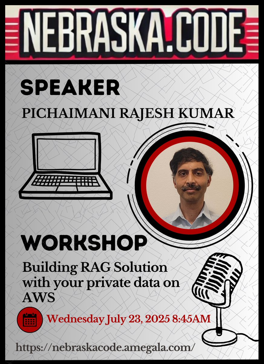 Amegala (@amegala) on Twitter photo Pichaimani Rajesh Kumar co-hosts a Workshop on RAG Solutions and AWS July 23rd at Nebraska.Code().
nebraskacode.amegala.com
#AWS #Amazon <a href="/awscloud/">Amazon Web Services</a> #RAGSolutions #PrivateData #TechnologyWorkshop #Nebraska <a href="/MatlenSilver/">Matlen Silver</a> <a href="/northropgrumman/">Northrop Grumman</a> <a href="/CyberCoders/">CyberCoders</a> <a href="/SolutionsGalaxe/">GalaxE.Solutions</a> <a href="/LeadershipNE/">Leadership Nebraska</a> Pichaimani Rajesh Kumar co-hosts a Workshop on RAG Solutions and AWS July 23rd at Nebraska.Code().
nebraskacode.amegala.com
#AWS #Amazon <a href="/awscloud/">Amazon Web Services</a> #RAGSolutions #PrivateData #TechnologyWorkshop #Nebraska <a href="/MatlenSilver/">Matlen Silver</a> <a href="/northropgrumman/">Northrop Grumman</a> <a href="/CyberCoders/">CyberCoders</a> <a href="/SolutionsGalaxe/">GalaxE.Solutions</a> <a href="/LeadershipNE/">Leadership Nebraska</a>