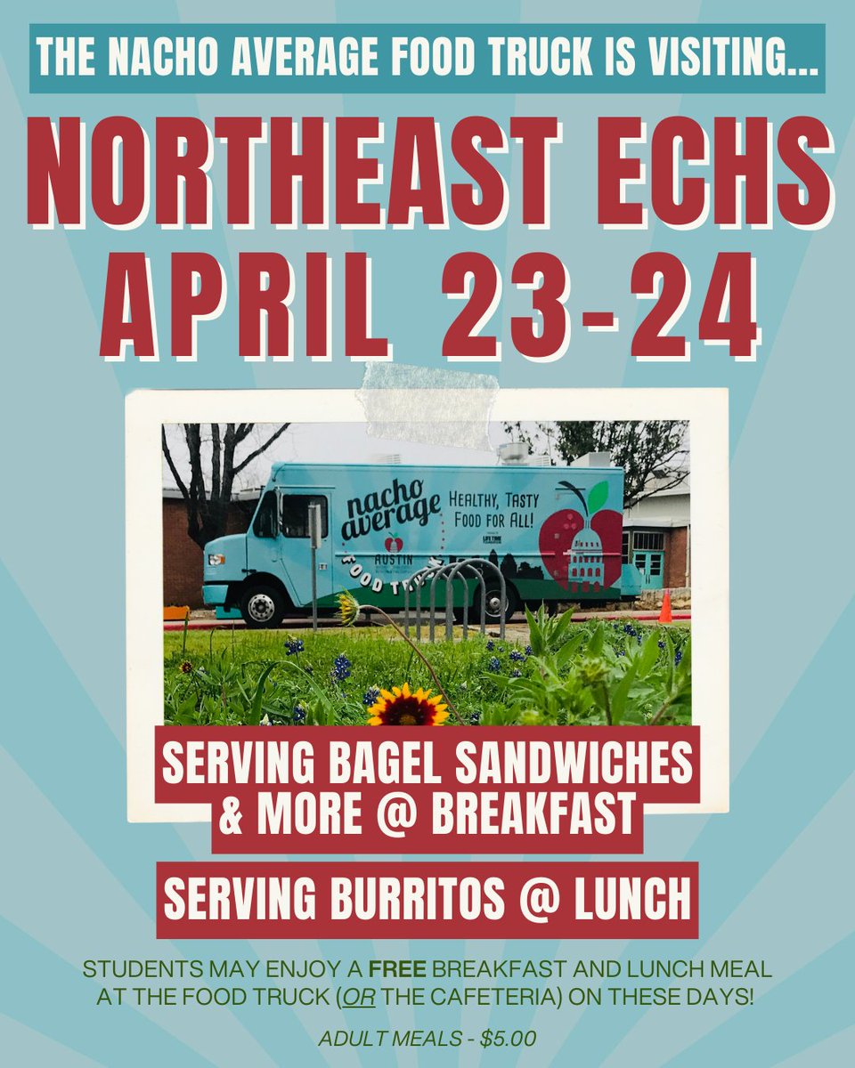 🍎🚚 The <a href="/AustinISD/">Austin ISD</a> Food Truck is visiting <a href="/NortheastECHS/">Northeast Early College High School</a> this week, serving bagel sandwiches and more at breakfast, and tasty burritos at lunch, April 23-24. 🥯🌯 Northeast students may enjoy a FREE breakfast and lunch meal at the Food truck (or the cafeteria) on these days!