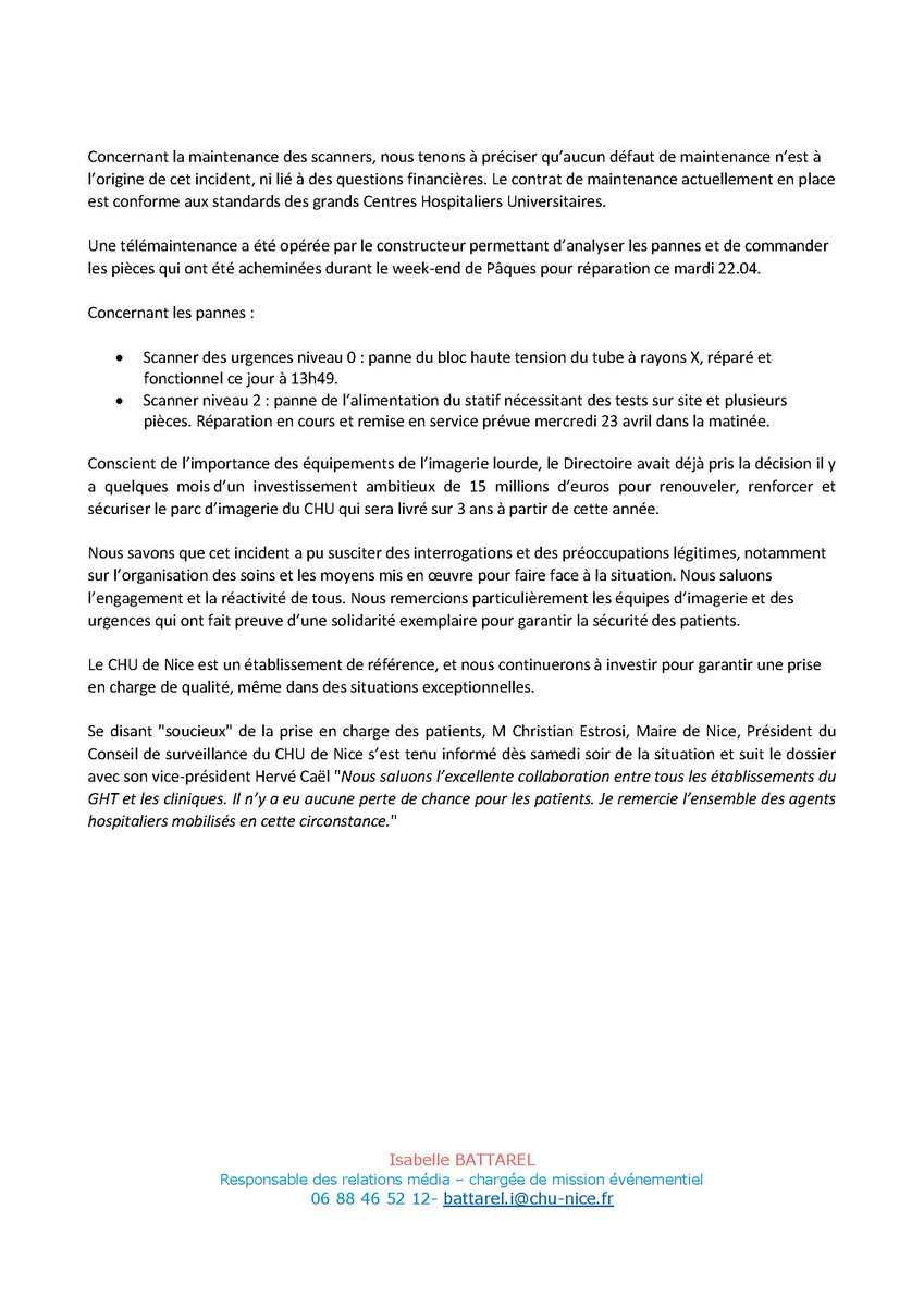 CHU de Nice (@chudenice) on Twitter photo 🔧 Le #scanner des urgences du <a href="/CHUdeNice/">CHU de Nice</a> est réparé !
Ce 19 avril, une panne simultanée, rare et imprévisible a touché 2 scanners à Pasteur 2.
👏 #Merci aux équipes pour leur réactivité et solidarité exemplaire.
lnkd.in/eE62P5Rp
#CHUNice #Urgences #Imagerie #Santé 🔧 Le #scanner des urgences du <a href="/CHUdeNice/">CHU de Nice</a> est réparé !
Ce 19 avril, une panne simultanée, rare et imprévisible a touché 2 scanners à Pasteur 2.
👏 #Merci aux équipes pour leur réactivité et solidarité exemplaire.
lnkd.in/eE62P5Rp
#CHUNice #Urgences #Imagerie #Santé