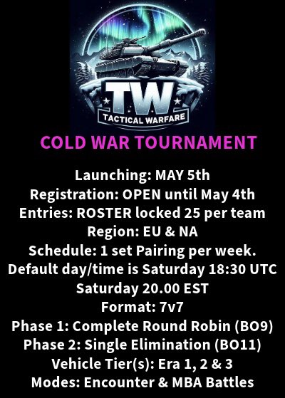 7v7 Cold War Era 1-3 Tournament open to all teams of friends or clans! 

If you miss bigger platoon sizes and playing with all your friends, if you’re fed up of the map rotation or lack of team play, if you don’t like being swarmed by OP light tanks or are fed up of the game in