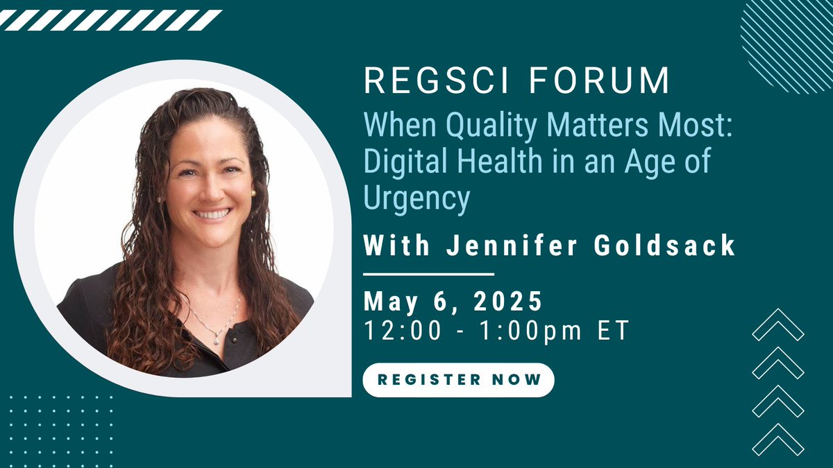 HarvardMIT_CRS's tweet image. Join us May 6 at the #RegSci Forum with Jennifer Goldsack @DiMeSociety: "When Quality Matters Most: Digital Health Tools in an Age of Urgency".
#digitalhealth #digitalmedicine #digitaltools
Register here: harvard.zoom.us/meeting/regist…